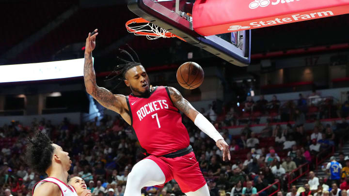 Jul 14, 2024; Las Vegas, NV, USA; Houston Rockets forward Cam Whitmore (7) dunks against the Washington Wizards during the third quarter at Thomas & Mack Center. Mandatory Credit: Stephen R. Sylvanie-USA TODAY Sports
