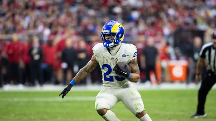 Nov 26, 2023; Glendale, Arizona, USA; Los Angeles Rams running back Kyren Williams (23) against the Arizona Cardinals in the second half at State Farm Stadium. Mandatory Credit: Mark J. Rebilas-USA TODAY Sports Nov 26, 2023; Glendale, Arizona, USA; Los Angeles Rams running back Kyren Williams (23) against the Arizona Cardinals in the second half at State Farm Stadium. Mandatory Credit: Mark J. Rebilas-USA TODAY Sports