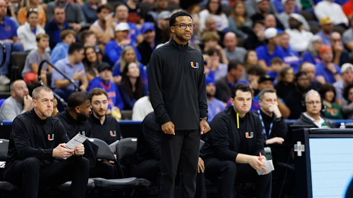 Nov 16, 2025; Jacksonville, Florida, USA; Miami Hurricanes head coach Jai Lucas looks on against the Florida Gators during the first half at VyStar Veterans Memorial Arena. Mandatory Credit: Matt Pendleton-Imagn Images Nov 16, 2025; Jacksonville, Florida, USA; Miami Hurricanes head coach Jai Lucas looks on against the Florida Gators during the first half at VyStar Veterans Memorial Arena. Mandatory Credit: Matt Pendleton-Imagn Images