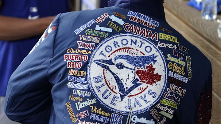 The back of the Toronto Blue Jays “Home Run Jacket” worn by Vladimir Guerrero Jr. in the dugout during a game against the Texas Rangers at Globe Life Field on Sept 19.