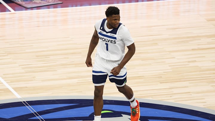Apr 23, 2023; Minneapolis, Minnesota, USA; Minnesota Timberwolves guard Anthony Edwards (1) reacts