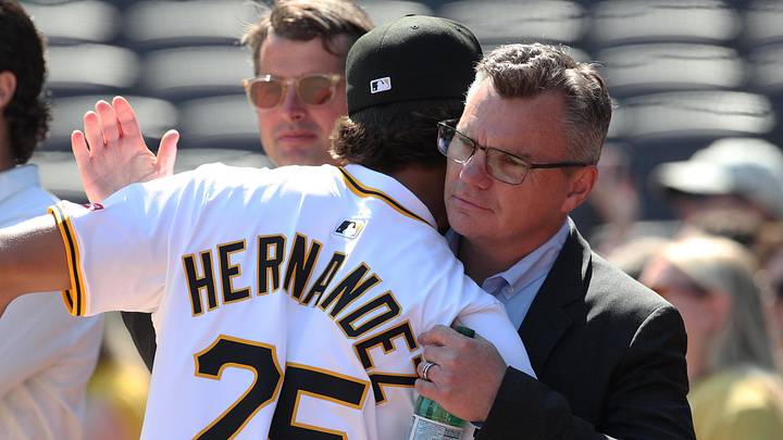 Jul 22, 2025; Pittsburgh, Pennsylvania, USA; Seth Hernandez (left) the Pittsburgh Pirates first round and number six overall pick in the 2025 first year player draft greets Pirates general manger Ben Cherington (right) before the game against the Detroit Tigers at PNC Park. Mandatory Credit: Charles LeClaire-Imagn Images Jul 22, 2025; Pittsburgh, Pennsylvania, USA; Seth Hernandez (left) the Pittsburgh Pirates first round and number six overall pick in the 2025 first year player draft greets Pirates general manger Ben Cherington (right) before the game against the Detroit Tigers at PNC Park. Mandatory Credit: Charles LeClaire-Imagn Images
