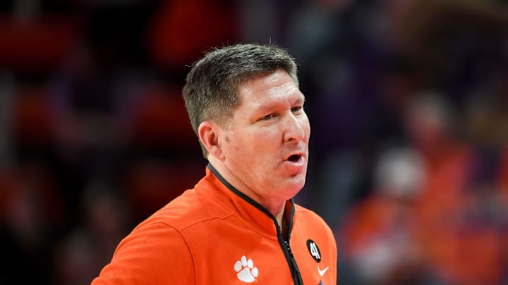 Clemson Tigers head coach Brad Brownell reacts to a call in the Tigers' win over Louisville on Feb. 28. 