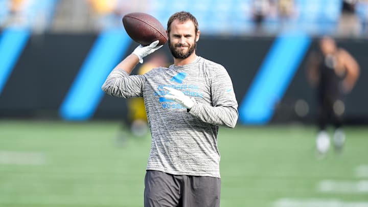 Aug 21, 2025; Charlotte, North Carolina, USA;  Carolina Panthers wide receiver Hunter Renfrow (13) during pregame warmups against the Pittsburgh Steelers at Bank of America Stadium. Mandatory Credit: Jim Dedmon-Imagn Images