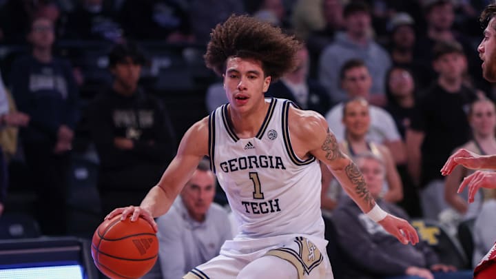 Feb 12, 2025; Atlanta, Georgia, USA; Georgia Tech Yellow Jackets guard Naithan George (1) dribbles against the Stanford Cardinal in the second half at McCamish Pavilion. Mandatory Credit: Brett Davis-Imagn Images Feb 12, 2025; Atlanta, Georgia, USA; Georgia Tech Yellow Jackets guard Naithan George (1) dribbles against the Stanford Cardinal in the second half at McCamish Pavilion. Mandatory Credit: Brett Davis-Imagn Images