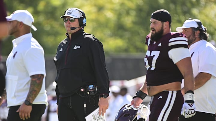 Mississippi State Bulldogs head coach Jeff Lebby walks onto the field after a touchdown against the Arkansas Razorbacks during the third quarter at Davis Wade Stadium at Scott Field.