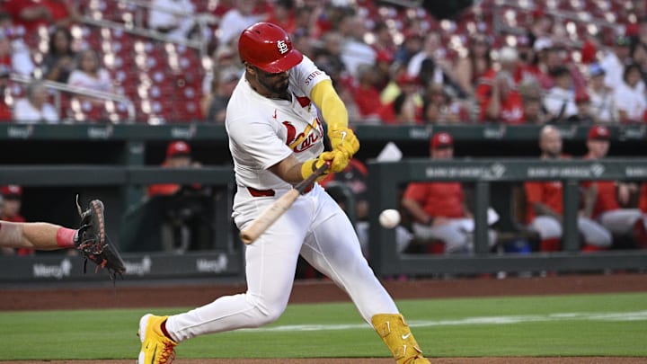 Sep 16, 2025; St. Louis, Missouri, USA; St. Louis Cardinals designated hitter Ivan Herrera (48) hits a single against the Cincinnati Reds in the first inning at Busch Stadium. Mandatory Credit: Joe Puetz-Imagn Images