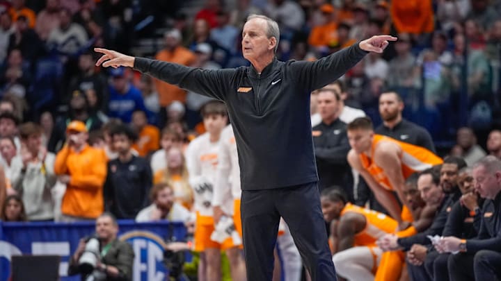 Tennessee head coach Rick Barnes works with his team as they play Auburn in the first half of a Southeastern Conference tournament semifinal game at Bridgestone Arena in Nashville, Tenn., Saturday, March 15, 2025.
