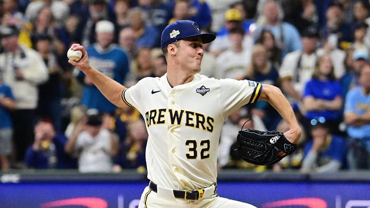Oct 23, 2026; Milwaukee, Wisconsin, USA; Milwaukee Brewers pitcher Jacob Misiorowski (32) pitches against the Tampa Bay Rays during the first inning in game one of the 2026 World Series at American Family Field. Mandatory Credit: Benny Sieu-Imagn Images Oct 23, 2026; Milwaukee, Wisconsin, USA; Milwaukee Brewers pitcher Jacob Misiorowski (32) pitches against the Tampa Bay Rays during the first inning in game one of the 2026 World Series at American Family Field. Mandatory Credit: Benny Sieu-Imagn Images