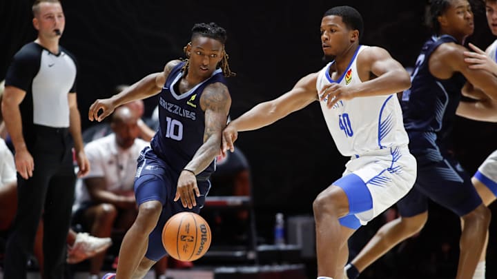 July 5, 2025; Salt Lake City, Utah, USA; Grizzlies rookie guard Javon Small (10) being guarded by Oklahoma City guard Chris Youngblood (40) during NBA Salt Lake City Summer League