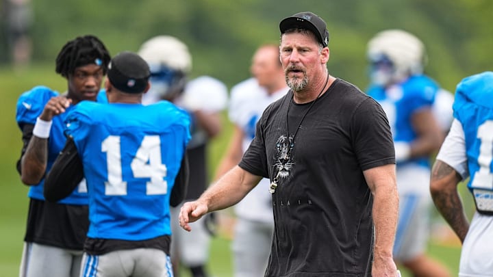 Detroit Lions head coach Dan Campbell watches practice during training camp at Meijer Performance Center in Allen Park on Saturday, July 26, 2025.