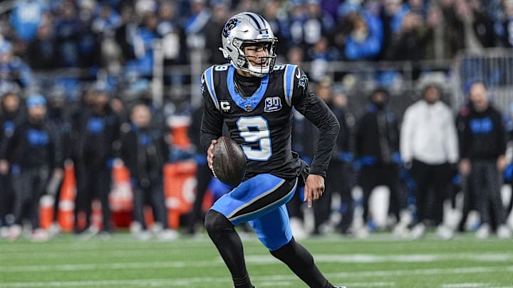 Dec 1, 2024; Charlotte, North Carolina, USA; Carolina Panthers quarterback Bryce Young (9) scrambles out of the pocket against the Tampa Bay Buccaneers during the second half at Bank of America Stadium. Mandatory Credit: Jim Dedmon-Imagn Images