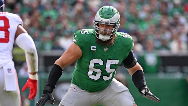 Oct 26, 2025; Philadelphia, Pennsylvania, USA; Philadelphia Eagles offensive tackle Lane Johnson (65) against the New York Giants at Lincoln Financial Field. 