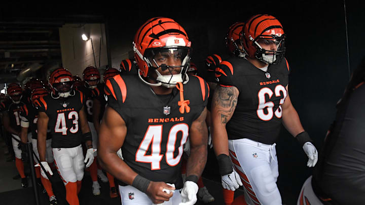 Aug 7, 2025; Philadelphia, Pennsylvania, USA; Cincinnati Bengals running back Quali Conley (40) and guard Dylan Fairchild (63) in the tunnel against the Philadelphia Eagles at Lincoln Financial Field. Mandatory Credit: Eric Hartline-Imagn Images