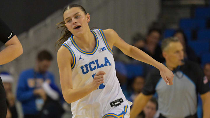 Dec 20, 2025; Los Angeles, California, USA; UCLA Bruins guard Gabriela Jaquez (11) reacts after a 3-point basket during the second half against Long Beach State Beach at Pauley Pavilion presented by Wescom Financial. Mandatory Credit: Jayne Kamin-Oncea-Imagn Images