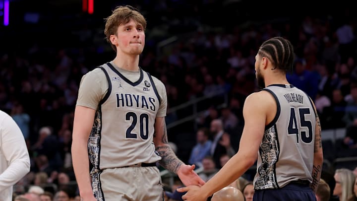 Mar 12, 2025; New York, NY, USA; Georgetown Hoyas forward Drew Fielder (20) reacts after fouling out against the DePaul Blue Demons during the second half at Madison Square Garden. Mandatory Credit: Brad Penner-Imagn Images