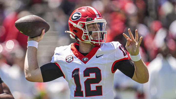 Apr 12, 2025; Athens, GA, USA; Georgia Bulldogs quarterback Ryan Puglisi (12) passes during the Georgia Spring game at Sanford Stadium. Mandatory Credit: Dale Zanine-Imagn Images