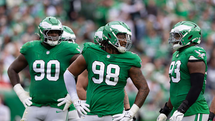 Dec 29, 2024; Philadelphia, Pennsylvania, USA; Philadelphia Eagles defensive tackle Jalen Carter (98) and defensive tackle Jordan Davis (90) and defensive tackle Milton Williams (93) during the second quarter against the Dallas Cowboys at Lincoln Financial Field. Mandatory Credit: Bill Streicher-Imagn Images Dec 29, 2024; Philadelphia, Pennsylvania, USA; Philadelphia Eagles defensive tackle Jalen Carter (98) and defensive tackle Jordan Davis (90) and defensive tackle Milton Williams (93) during the second quarter against the Dallas Cowboys at Lincoln Financial Field. Mandatory Credit: Bill Streicher-Imagn Images
