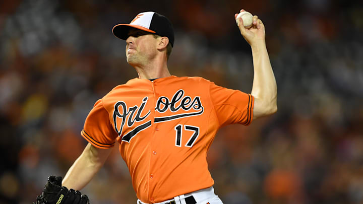 Aug 22, 2015; Baltimore, MD, USA; Baltimore Orioles relief pitcher Brian Matusz (17) pitches during the eighth inning against the Minnesota Twins  at Oriole Park at Camden Yards. Minnesota Twins defeated Baltimore Orioles 3-2. Mandatory Credit: Tommy Gilligan-Imagn Images