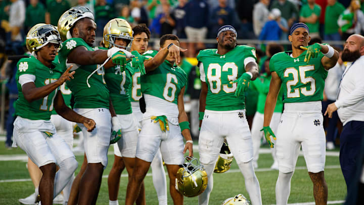 Notre Dame celebrates winning a NCAA college football game 31-24 against Louisville at Notre Dame Stadium on Saturday, Sept. 28, 2024, in South Bend.