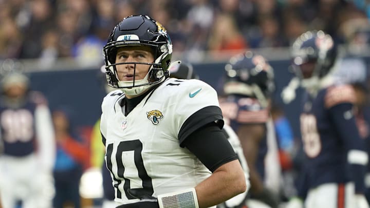 Oct 13, 2024; London, United Kingdom; Jacksonville Jaguars quarterback Mac Jones (10) during the second half of an NFL International Series game at Tottenham Hotspur Stadium. Mandatory Credit: Peter van den Berg-Imagn Images