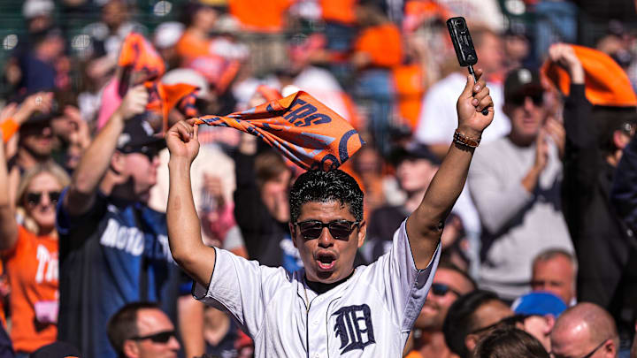 Detroit Tigers fans cheer on during ALDS Game 4 against Seattle Mariners at Comerica Park in Detroit on Wednesday, Oct. 8, 2025. Detroit Tigers fans cheer on during ALDS Game 4 against Seattle Mariners at Comerica Park in Detroit on Wednesday, Oct. 8, 2025.