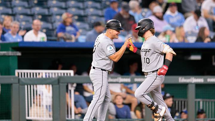 Sep 22, 2026; Kansas City, Missouri, USA; Chicago White Sox second baseman Chase Meidroth (10) slaps hands with Chicago White Sox third base/infield coach Justin Jirschele (71) after hitting a home run during the second inning against the Kansas City Royals at Kauffman Stadium. Mandatory Credit: William Purnell-Imagn Images Sep 22, 2026; Kansas City, Missouri, USA; Chicago White Sox second baseman Chase Meidroth (10) slaps hands with Chicago White Sox third base/infield coach Justin Jirschele (71) after hitting a home run during the second inning against the Kansas City Royals at Kauffman Stadium. Mandatory Credit: William Purnell-Imagn Images