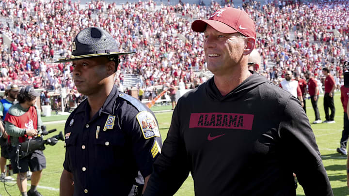 Oct 12, 2024; Tuscaloosa, Alabama, USA;  Alabama Crimson Tide head coach Kalen DeBoer  leave the field at Bryant-Denny Stadium. Alabama defeated South Carolina 27-25. Mandatory Credit: Gary Cosby Jr.-Imagn Images