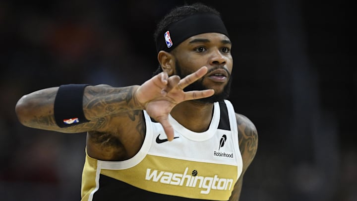 Feb 11, 2026; Cleveland, Ohio, USA; Washington Wizards guard Jaden Hardy (8) celebrates his three-point basket in the fourth quarter against the Cleveland Cavaliers at Rocket Arena. Mandatory Credit: David Richard-Imagn Images Feb 11, 2026; Cleveland, Ohio, USA; Washington Wizards guard Jaden Hardy (8) celebrates his three-point basket in the fourth quarter against the Cleveland Cavaliers at Rocket Arena. Mandatory Credit: David Richard-Imagn Images