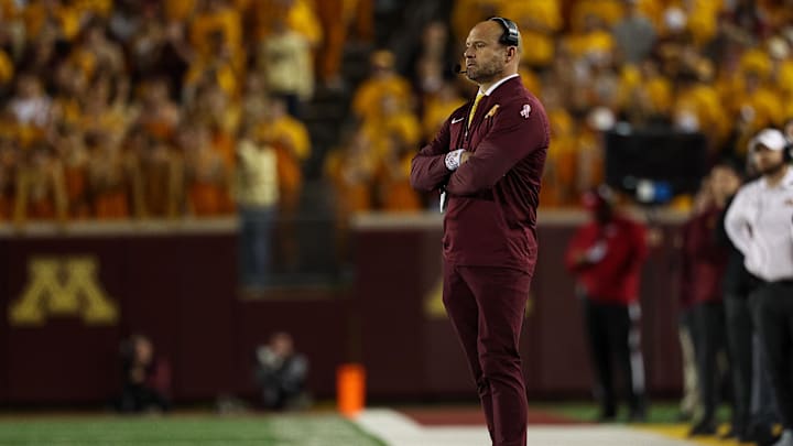 Oct 11, 2025; Minneapolis, Minnesota, USA; Minnesota Golden Gophers head coach P.J. Fleck looks on during the second half against the Purdue Boilermakers at Huntington Bank Stadium. Mandatory Credit: Matt Krohn-Imagn Images