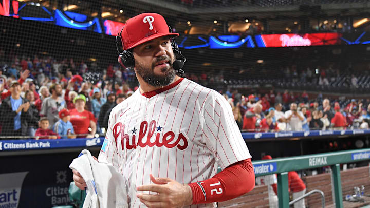 Sep 9, 2025; Philadelphia, Pennsylvania, USA; Philadelphia Phillies outfielder Kyle Schwarber (12) reacts after being doused with water during postgame interview against the New York Mets at Citizens Bank Park. Mandatory Credit: Eric Hartline-Imagn Images Sep 9, 2025; Philadelphia, Pennsylvania, USA; Philadelphia Phillies outfielder Kyle Schwarber (12) reacts after being doused with water during postgame interview against the New York Mets at Citizens Bank Park. Mandatory Credit: Eric Hartline-Imagn Images
