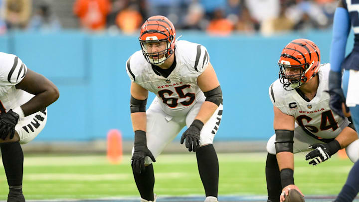 Dec 15, 2024; Nashville, Tennessee, USA; Cincinnati Bengals guard Alex Cappa (65) in his stance against the Tennessee Titans during the first half at Nissan Stadium. Mandatory Credit: Steve Roberts-Imagn Images Dec 15, 2024; Nashville, Tennessee, USA; Cincinnati Bengals guard Alex Cappa (65) in his stance against the Tennessee Titans during the first half at Nissan Stadium. Mandatory Credit: Steve Roberts-Imagn Images