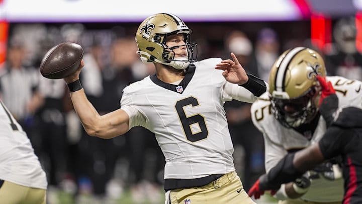 Jan 4, 2026; Atlanta, Georgia, USA; New Orleans Saints quarterback Tyler Shough (6) passes against the Atlanta Falcons during the first half at Mercedes-Benz Stadium. Mandatory Credit: Dale Zanine-Imagn Images