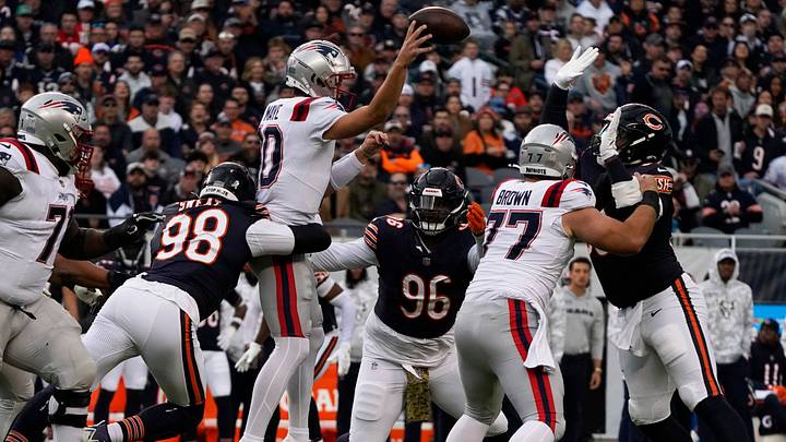 Montez Sweat gets a hit on Drake Maye in the 2024 Patriots win over the Bears at Soldier Field. Montez Sweat gets a hit on Drake Maye in the 2024 Patriots win over the Bears at Soldier Field.