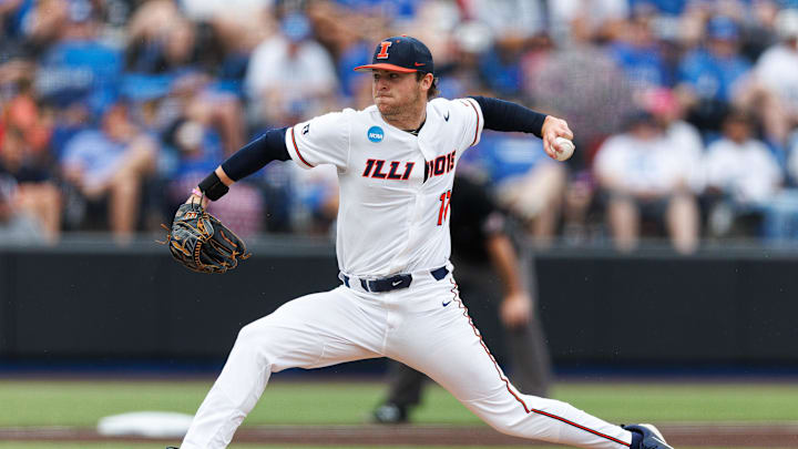 Jun 1, 2024; Lexington, KY, USA; Illinois Fighting Illini pitcher Payton Hutchings (12) throws against the Kentucky Wildcats during the second inning at Kentucky Proud Park. Mandatory Credit: Jordan Prather-Imagn Images
