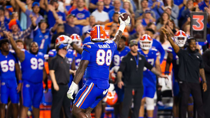 Florida Gators defensive lineman Caleb Banks (88) comes up the fumble during the second half at Ben Hill Griffin Stadium in Gainesville, FL on Saturday, November 16, 2024. The Gators defeated the Tigers 27-16. [Doug Engle/Gainesville Sun]