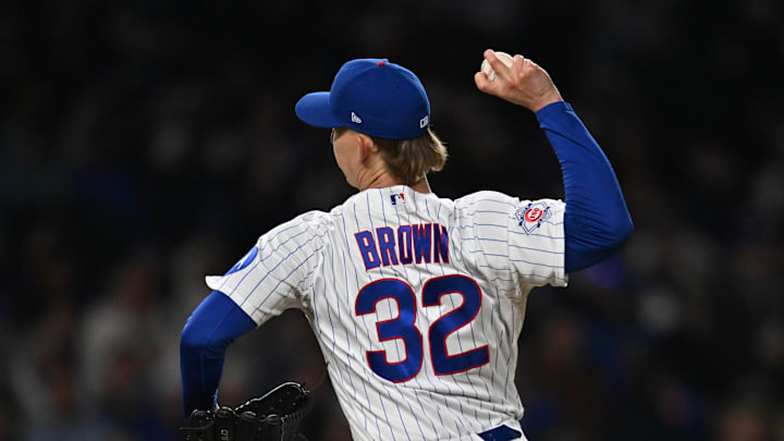 Apr 22, 2026; Chicago, Illinois, USA; Chicago Cubs pitcher Ben Brown (32) pitches against the Philadelphia Phillies during the fifth inning at Wrigley Field. Mandatory Credit: Patrick Gorski-Imagn Images