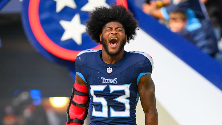 Oct 13, 2024; Nashville, Tennessee, USA;  Tennessee Titans linebacker Ernest Jones, IV screams during pregame warmups against the Indianapolis Colts at Nissan Stadium. Mandatory Credit: Steve Roberts-Imagn Images