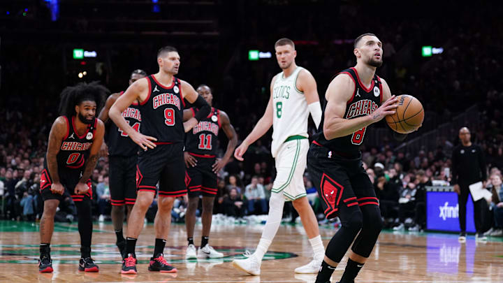 Dec 19, 2024; Boston, Massachusetts, USA; Chicago Bulls guard Zach LaVine (8) shoots a technical foul on the Boston Celtics in the second half at TD Garden. Mandatory Credit: David Butler II-Imagn Images