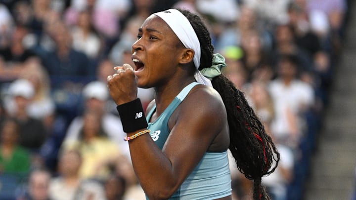 Coco Gauff (USA) reacts after winning a game against Diana Shnaider (not shown) in third round play at Sobeys Stadium. Mandatory Credit: Dan Hamilton-Imagn Images