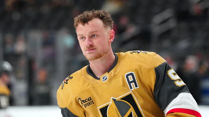 Mar 26, 2026; Las Vegas, Nevada, USA; Vegas Golden Knights center Jack Eichel (9) warms up before a game against the Edmonton Oilers at T-Mobile Arena. Mandatory Credit: Stephen R. Sylvanie-Imagn Images Mar 26, 2026; Las Vegas, Nevada, USA; Vegas Golden Knights center Jack Eichel (9) warms up before a game against the Edmonton Oilers at T-Mobile Arena. Mandatory Credit: Stephen R. Sylvanie-Imagn Images