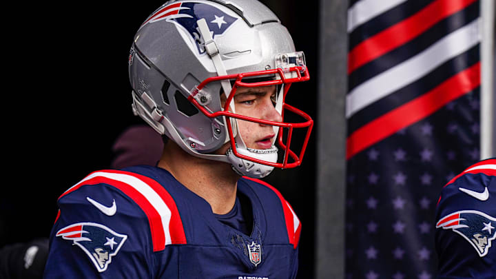 Jan 5, 2025; Foxborough, Massachusetts, USA; New England Patriots quarterback Drake Maye (10) walks to the field to warm up before the start of the game against the Buffalo Bills at Gillette Stadium. Mandatory Credit: David Butler II-Imagn Images