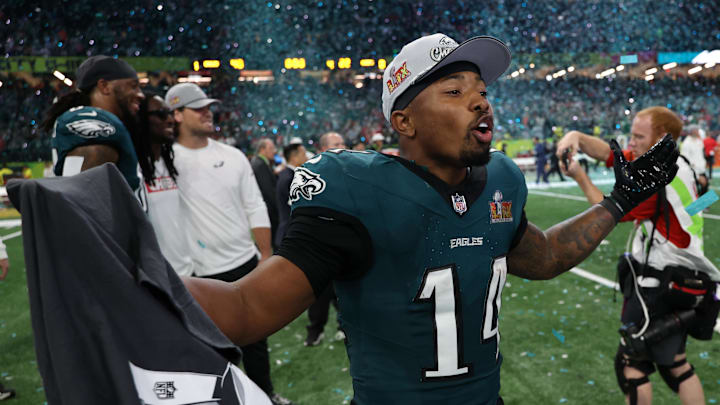 Feb 9, 2025; New Orleans, LA, USA; Philadelphia Eagles running back Kenneth Gainwell (14) celebrates on the field after Super Bowl LIX against the Kansas City Chiefs at Caesars Superdome. Mandatory Credit: Geoff Burke-Imagn Images Feb 9, 2025; New Orleans, LA, USA; Philadelphia Eagles running back Kenneth Gainwell (14) celebrates on the field after Super Bowl LIX against the Kansas City Chiefs at Caesars Superdome. Mandatory Credit: Geoff Burke-Imagn Images
