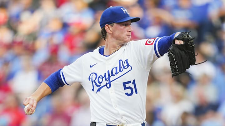 Aug 24, 2024; Kansas City, Missouri, USA; Kansas City Royals starting pitcher Brady Singer (51) pitches during the second inning against the Philadelphia Phillies at Kauffman Stadium. Mandatory Credit: Jay Biggerstaff-Imagn Images Aug 24, 2024; Kansas City, Missouri, USA; Kansas City Royals starting pitcher Brady Singer (51) pitches during the second inning against the Philadelphia Phillies at Kauffman Stadium. Mandatory Credit: Jay Biggerstaff-Imagn Images