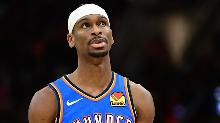 Jan 8, 2025; Cleveland, Ohio, USA; Oklahoma City Thunder guard Shai Gilgeous-Alexander (2) reacts during the second half against the Cleveland Cavaliers at Rocket Mortgage FieldHouse. Mandatory Credit: Ken Blaze-Imagn Images Jan 8, 2025; Cleveland, Ohio, USA; Oklahoma City Thunder guard Shai Gilgeous-Alexander (2) reacts during the second half against the Cleveland Cavaliers at Rocket Mortgage FieldHouse. Mandatory Credit: Ken Blaze-Imagn Images