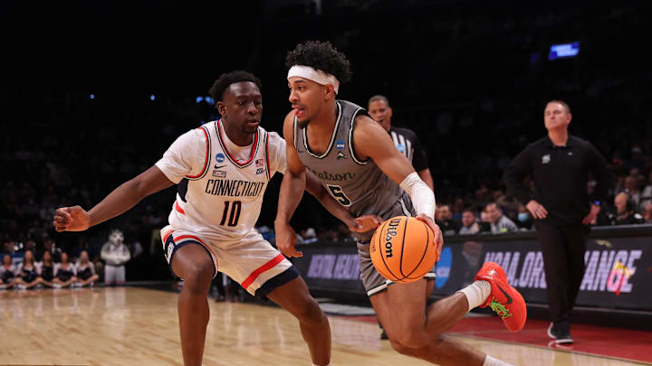 March 22, 2024, Brooklyn, NY, USA; Stetson Hatters guard Jalen Blackmon (5) drives past Connecticut