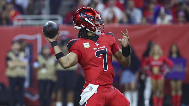 Nov 10, 2024; Houston, Texas, USA; Houston Texans quarterback C.J. Stroud (7) attempts a pass during the second quarter against the Detroit Lions at NRG Stadium. Mandatory Credit: Troy Taormina-Imagn Images