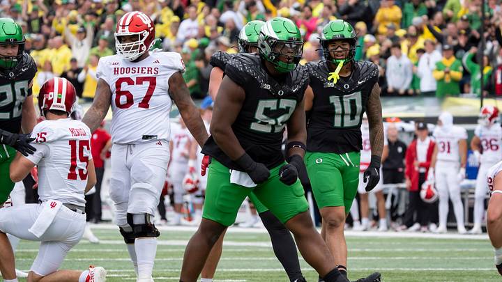 Oregon defensive lineman A'Mauri Washington celebrates a sack as the Oregon Ducks host the Indiana Hoosiers Oct. 11, 2025, at Autzen Stadium in Eugene, Oregon.