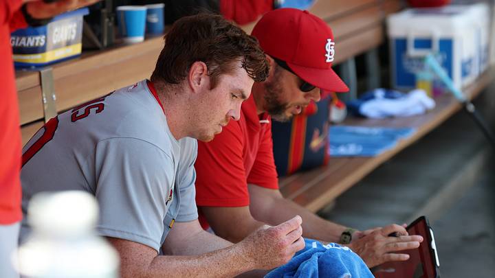 Jul 22, 2026; Anaheim, California, USA;  St. Louis Cardinals pitcher Hunter Dobbins (40) sits in the dugout during the fourth inning against the Los Angeles Angels at Angel Stadium. Mandatory Credit: Kiyoshi Mio-Imagn Images