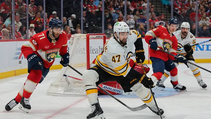 Apr 2, 2026; Sunrise, Florida, USA; Boston Bruins center Mark Kastelic (47) moves the puck against the Florida Panthers during the second period at Amerant Bank Arena. Mandatory Credit: Sam Navarro-Imagn Images